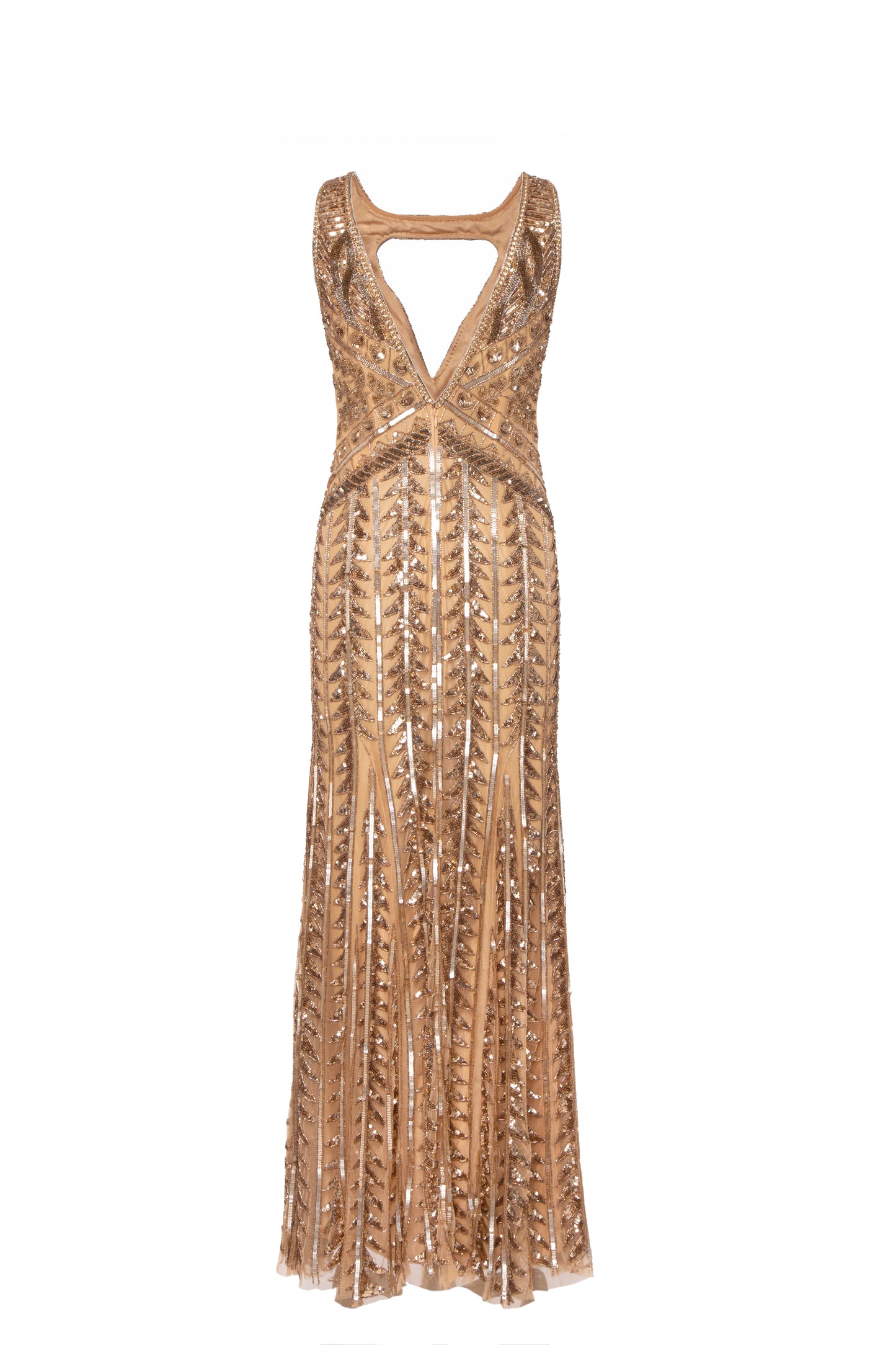Kara Champagne Embellished Sleeveless Tulle Maxi Gown