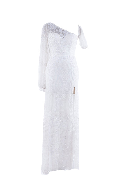 Lana Embellished Asymmetrical Neck Long Sleeve Maxi Gown