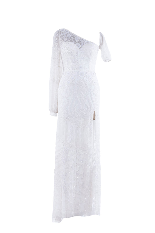 Lana Embellished Asymmetrical Neck Long Sleeve Maxi Gown