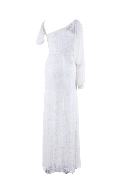 Lana Embellished Asymmetrical Neck Long Sleeve Maxi Gown