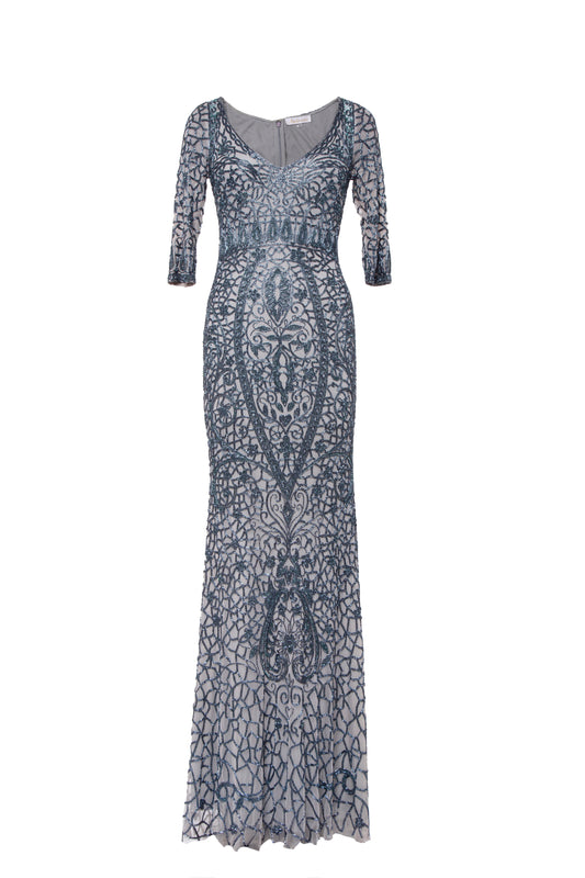 Maude Embelished Empire Bodice Three-Quarter Sleeve Maxi Gown