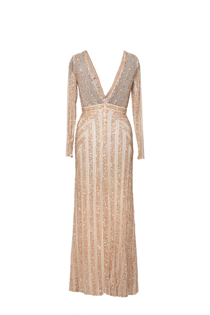 Ella Stripe Embellished Empire Waist Long Sleeve Maxi Dress