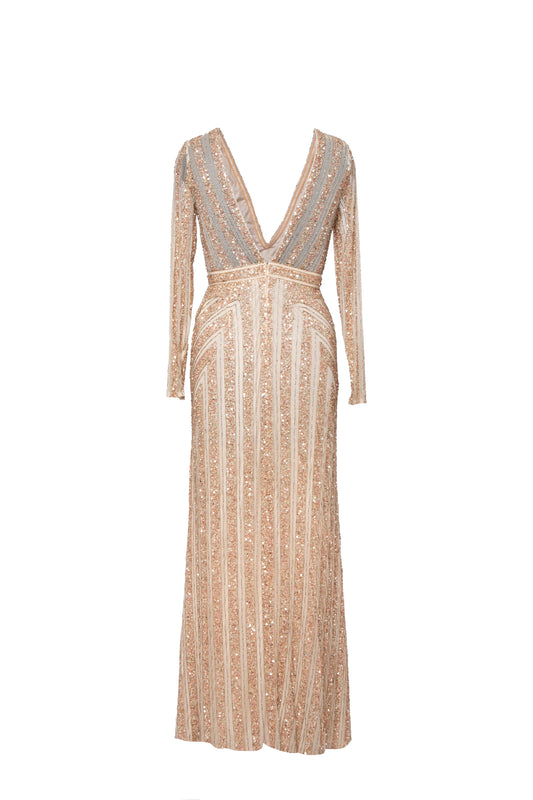 Ella Stripe Embellished Empire Waist Long Sleeve Maxi Dress