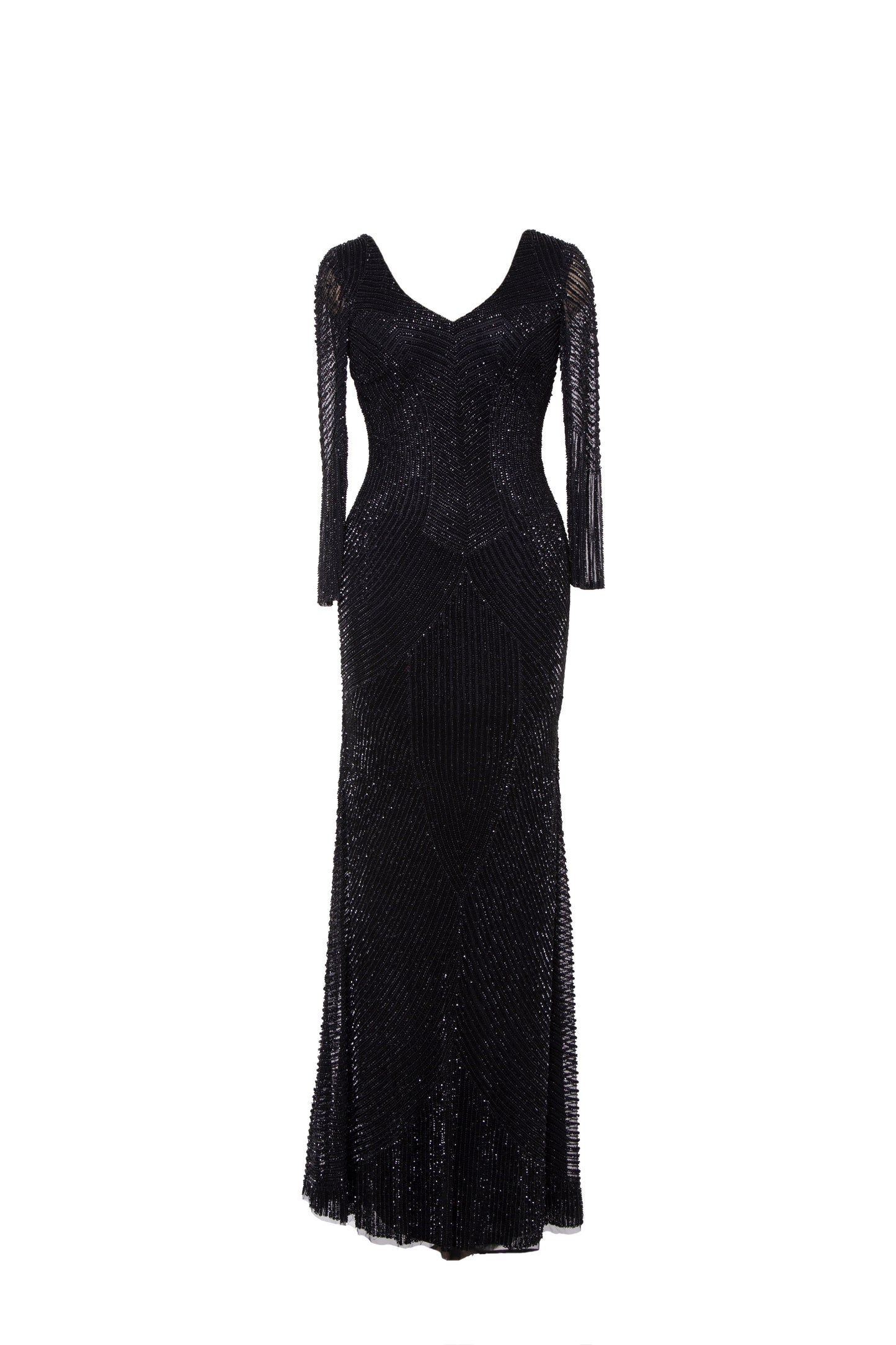 Midnight Noir Beaded V-Neck Maxi Gown