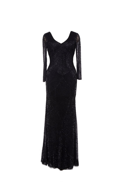 Midnight Noir Beaded V-Neck Maxi Gown