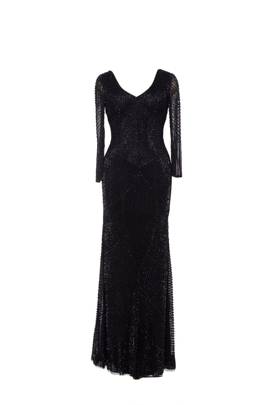 Midnight Noir Beaded V-Neck Maxi Gown