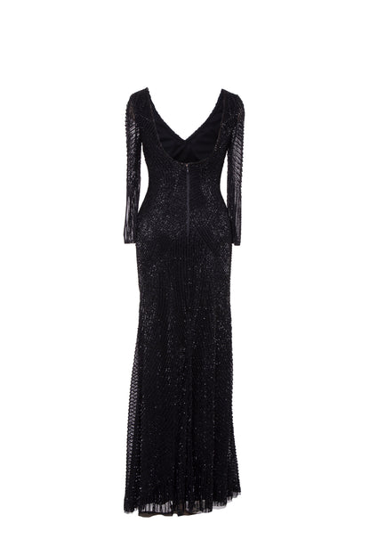 Midnight Noir Beaded V-Neck Maxi Gown
