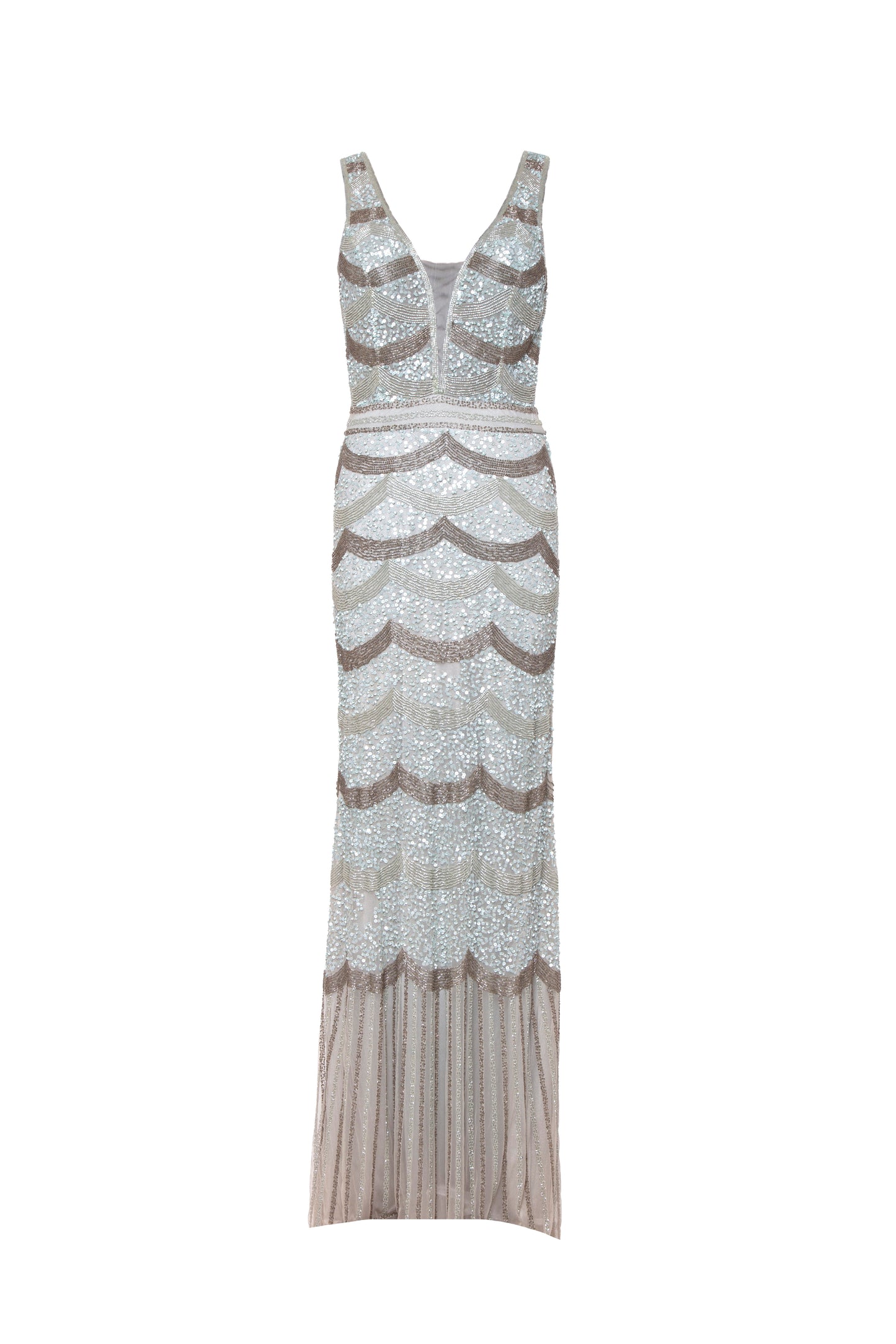 Karina Scallop Beaded Tulle Sleeveless Maxi Gown