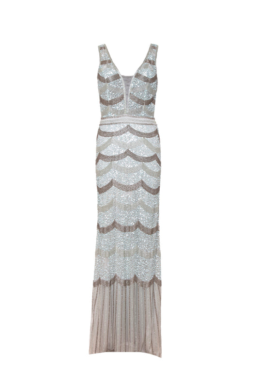 Karina Scallop Beaded Tulle Sleeveless Maxi Gown