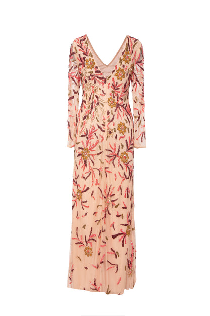 Faye Floral Sequined V-Neck Long Sleeve Maxi Dress