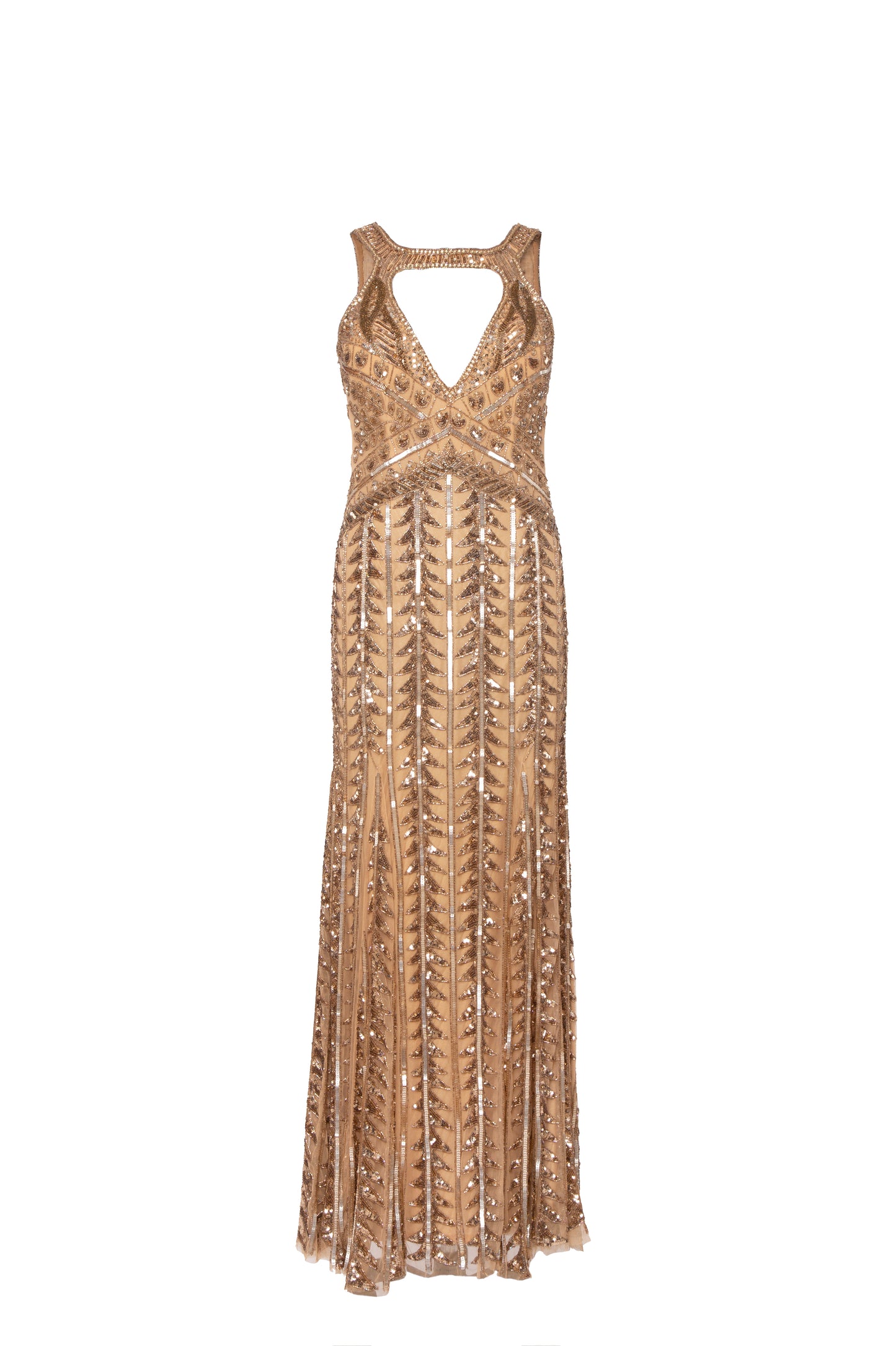 Kara Champagne Embellished Sleeveless Tulle Maxi Gown