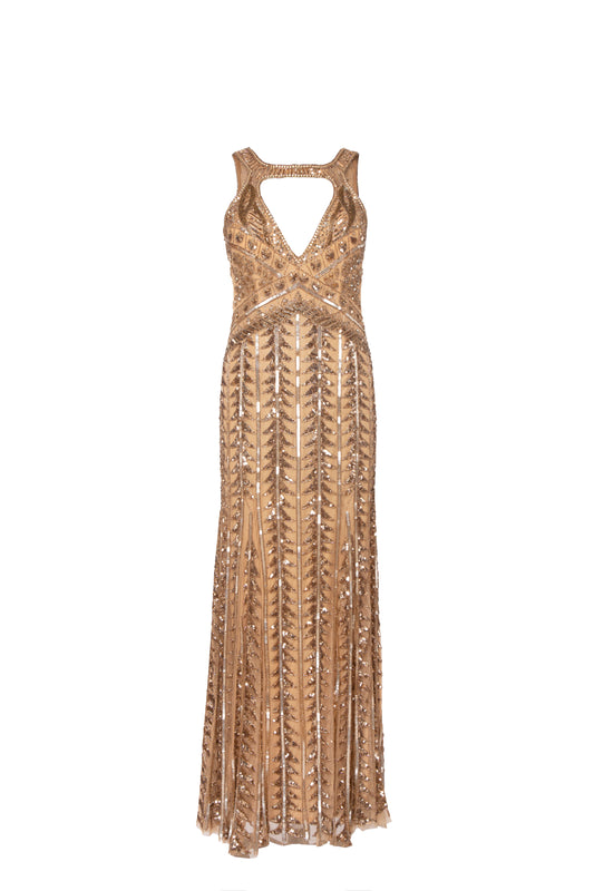 Kara Champagne Embellished Sleeveless Tulle Maxi Gown