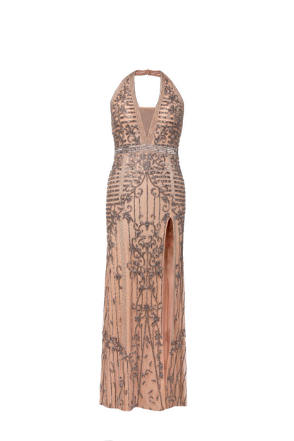 Irena Embellished Backless Halter Maxi Gown