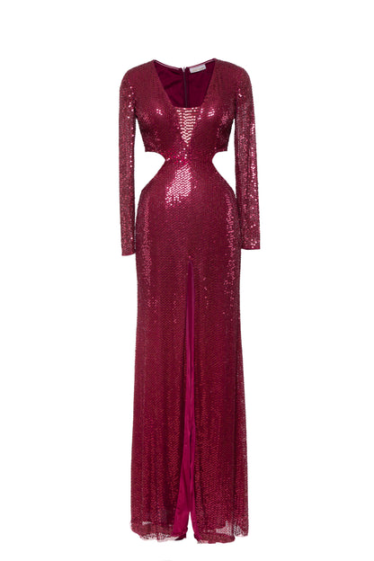 Scarlet Sequined Cutout Long Sleeve Maxi Gown