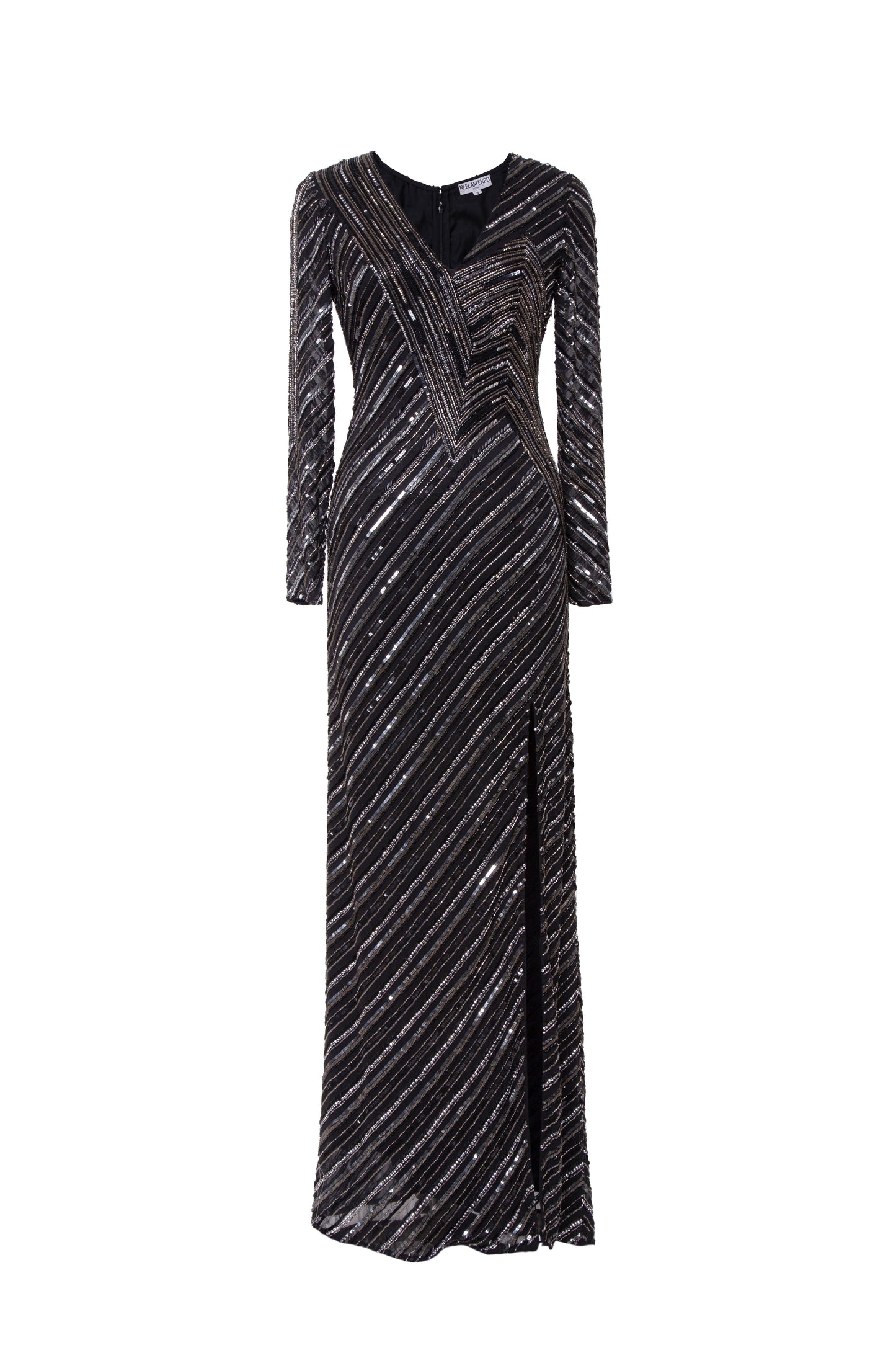 Luna Stripe Embellished V-Neck Long Sleeve Maxi Dress
