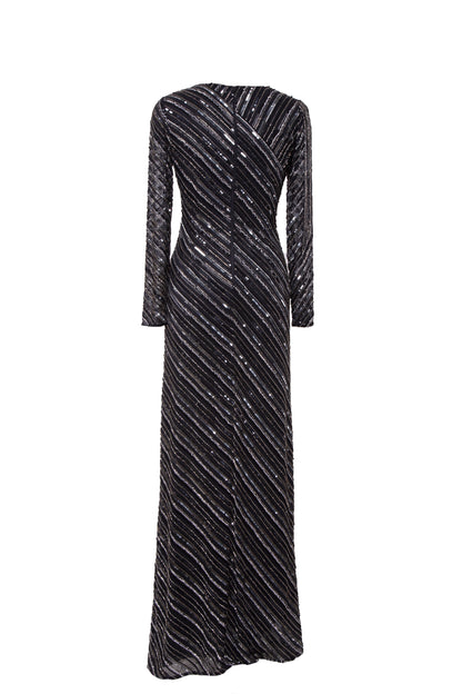 Luna Stripe Embellished V-Neck Long Sleeve Maxi Dress