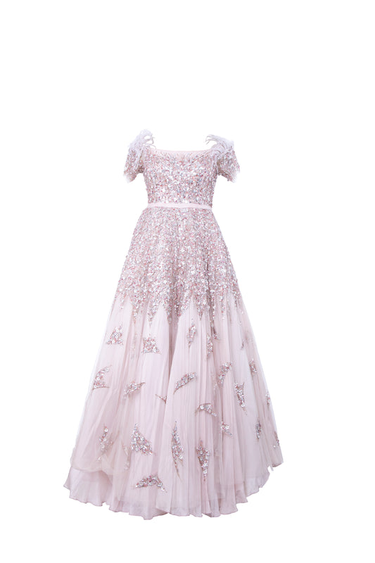 Leya Blush Embellished Tulle Maxi Gown