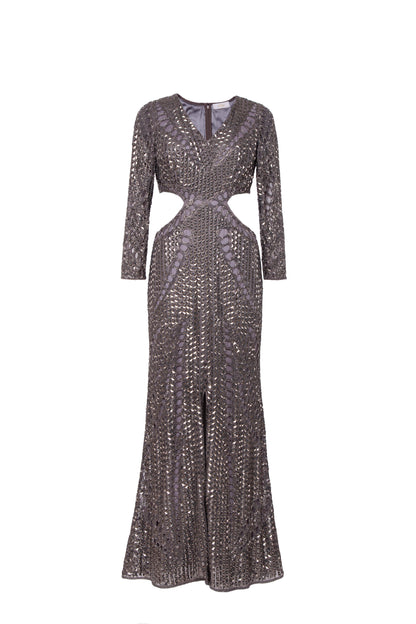 Greta Hand-Beaded Cutout Long Sleeve Maxi Gown