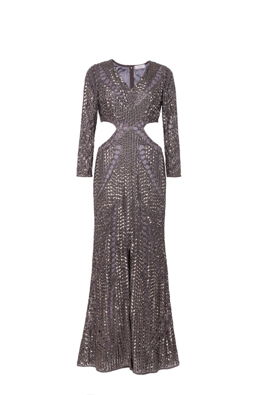 Greta Hand-Beaded Cutout Long Sleeve Maxi Gown