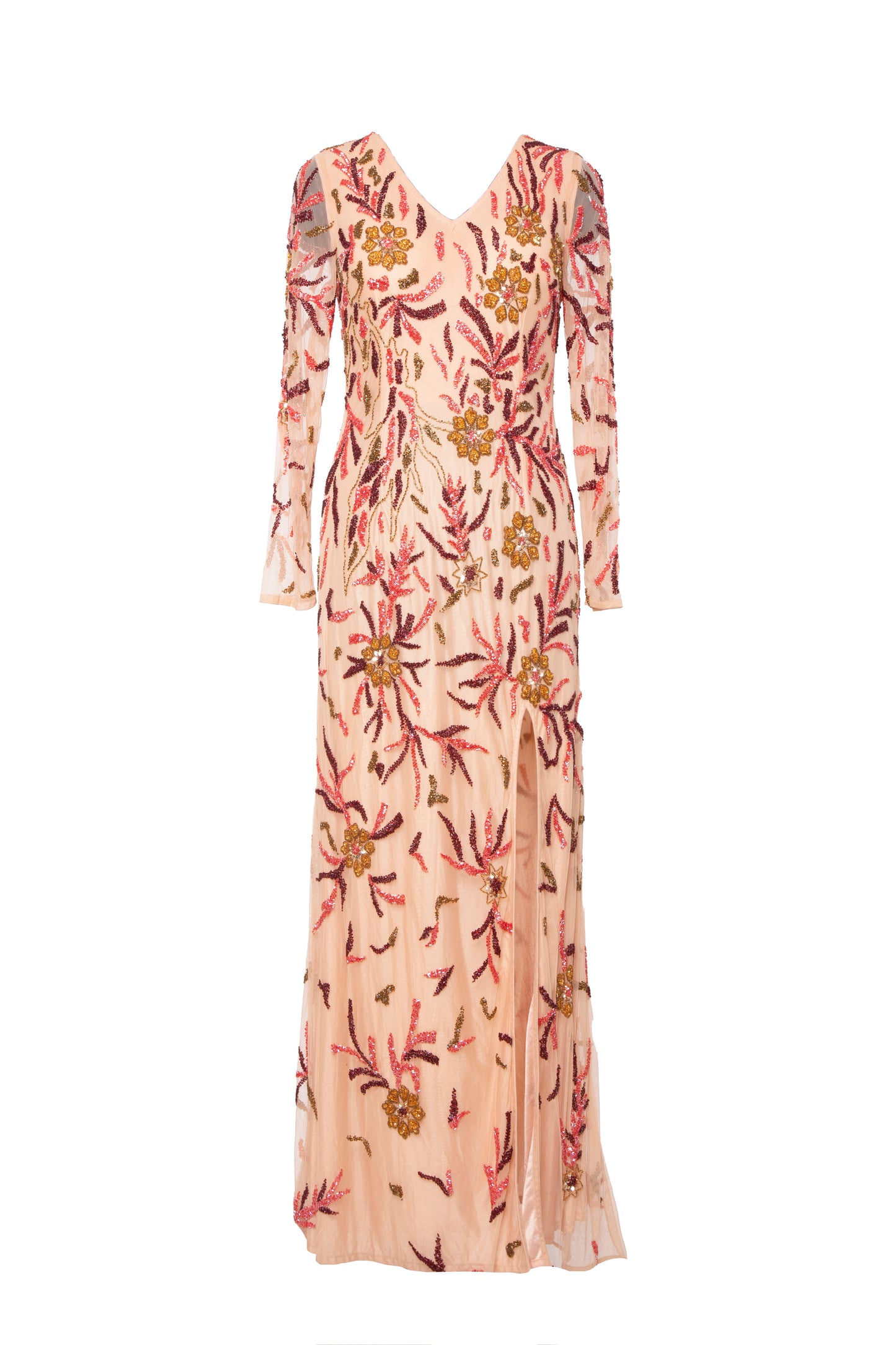 Faye Floral Sequined V-Neck Long Sleeve Maxi Dress
