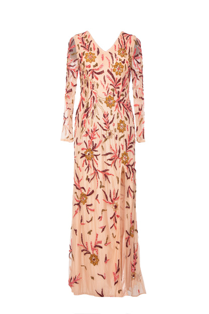 Faye Floral Sequined V-Neck Long Sleeve Maxi Dress