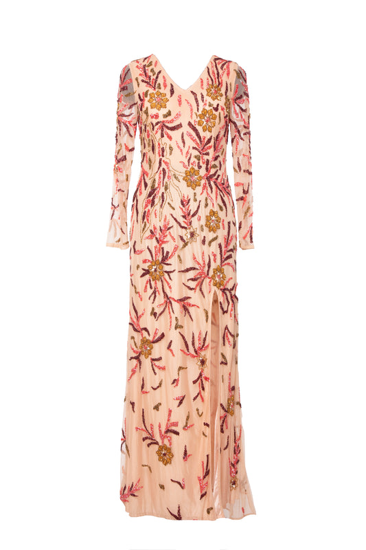 Faye Floral Sequined V-Neck Long Sleeve Maxi Dress